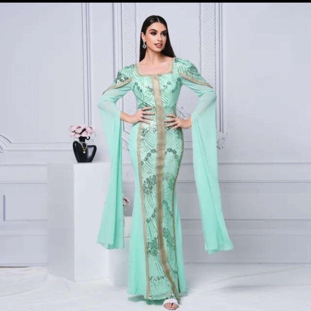 Mint Square Neck, Contrast Sequined, Split Thigh, Long Sleeved,  Mermaid Gown